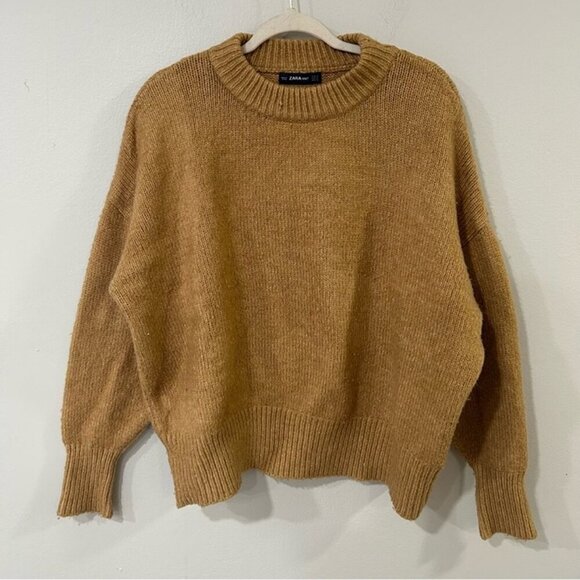 Zara Knit Tan Crewneck Chunky Oversized Long Sleeve Sweater Women’s Size Small - Picture 1 of 5